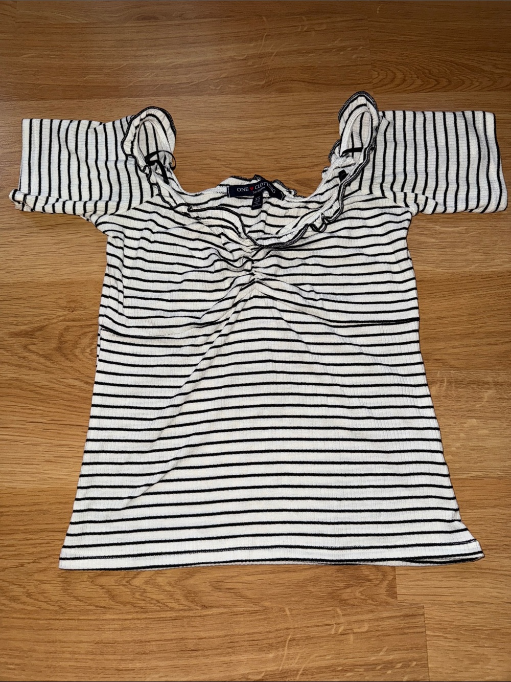 one clothing White & Black Striped Ruffled Cold-Shoulder Crop Top